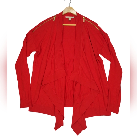 Micheal Kors Longsleeve Red Cardigan with Gold Zipper Accents Womens Size Large - Picture 1 of 16
